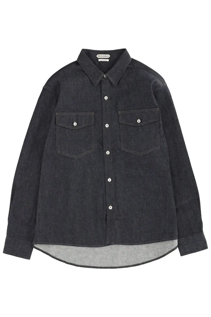 Jw anderson men’s denim shirt blue in black with two chest pockets white buttons and gray inner lining