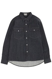 Jw anderson men’s denim shirt blue in black with two chest pockets white buttons and gray inner lining