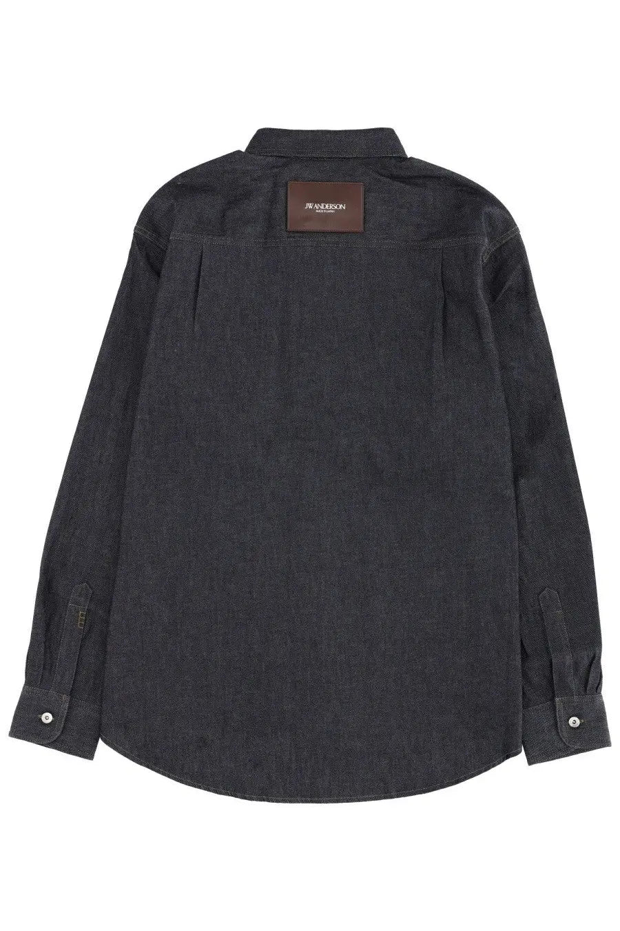 Jw anderson men’s denim shirt blue in dark gray with a brown leather patch at the collar front view