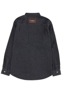 Jw anderson men’s denim shirt blue in dark gray with a brown leather patch at the collar front view