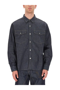 Jw anderson men’s denim shirt blue with dark indigo fabric classic collar button-down front and silver button chest pockets