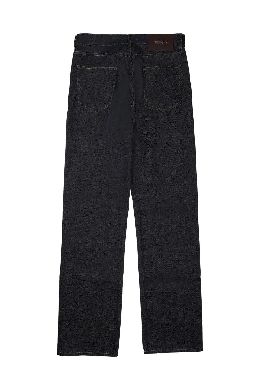 Dark indigo denim jw anderson men’s jeans with straight-leg cut and classic back pockets showing back side