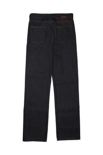 Dark indigo denim jw anderson men’s jeans with straight-leg cut and classic back pockets showing back side