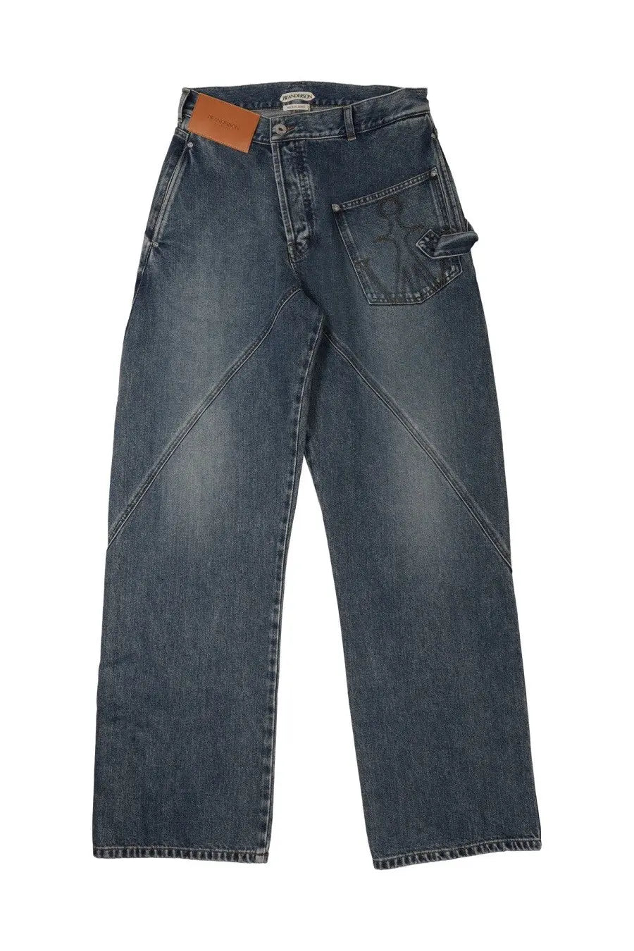 Dark blue denim jeans with high waist and straight-leg cut featuring subtle faded distressing by jw anderson