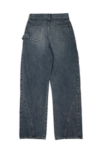 Dark-wash denim jeans with high waist wide-leg cut and subtle diagonal stitching by JW Anderson Men in twister workwear blue