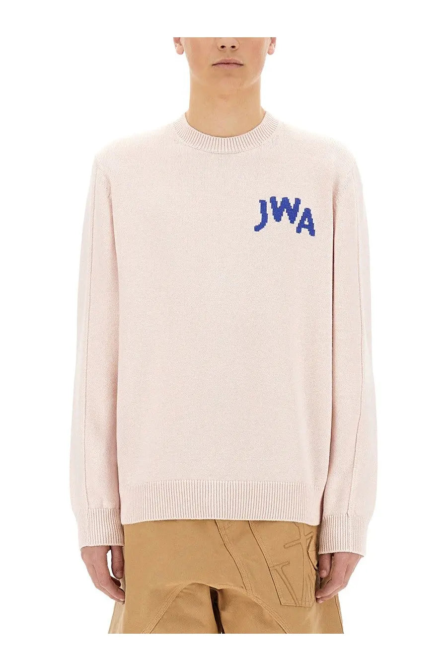 Jw anderson men’s jersey blue soft blush pink knit sweater with ribbed crew neck cuffs and embroidered blue jwa lettering