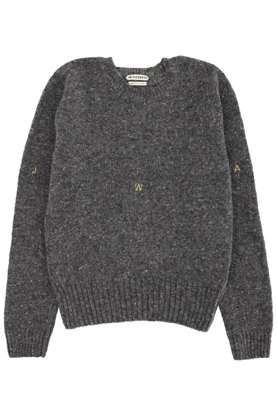 Jw anderson men’s jersey grey dark gray heathered knit sweater with subtle yellow embroidered initials on chest and sleeves