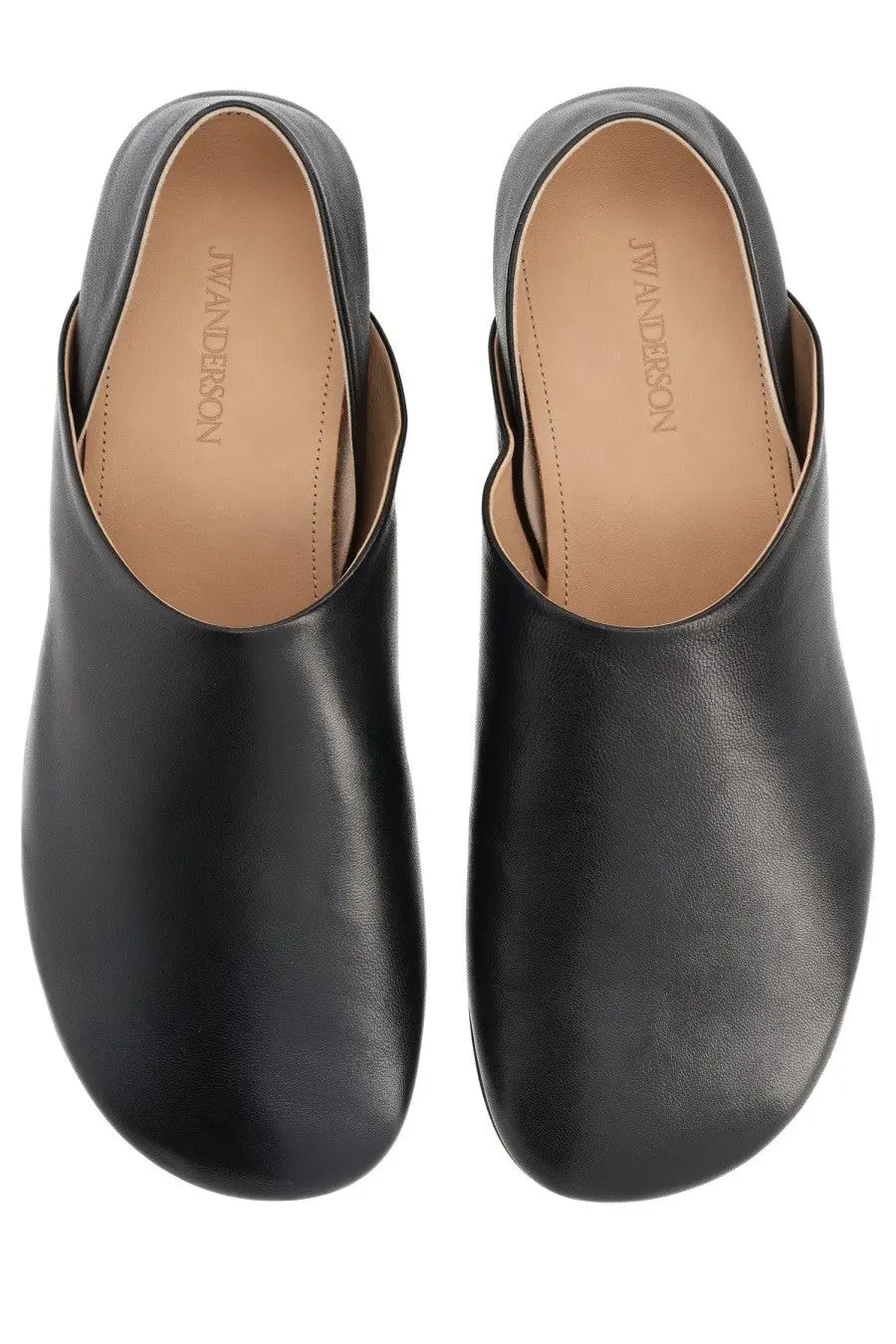 Jw anderson men’s black leather clog-style slip-on shoes with a minimalist design and soft rounded toe