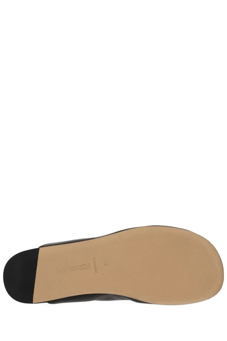 Jw anderson men’s leather slipper shoe black flat with black leather upper tan rubber sole and black heel shown from back