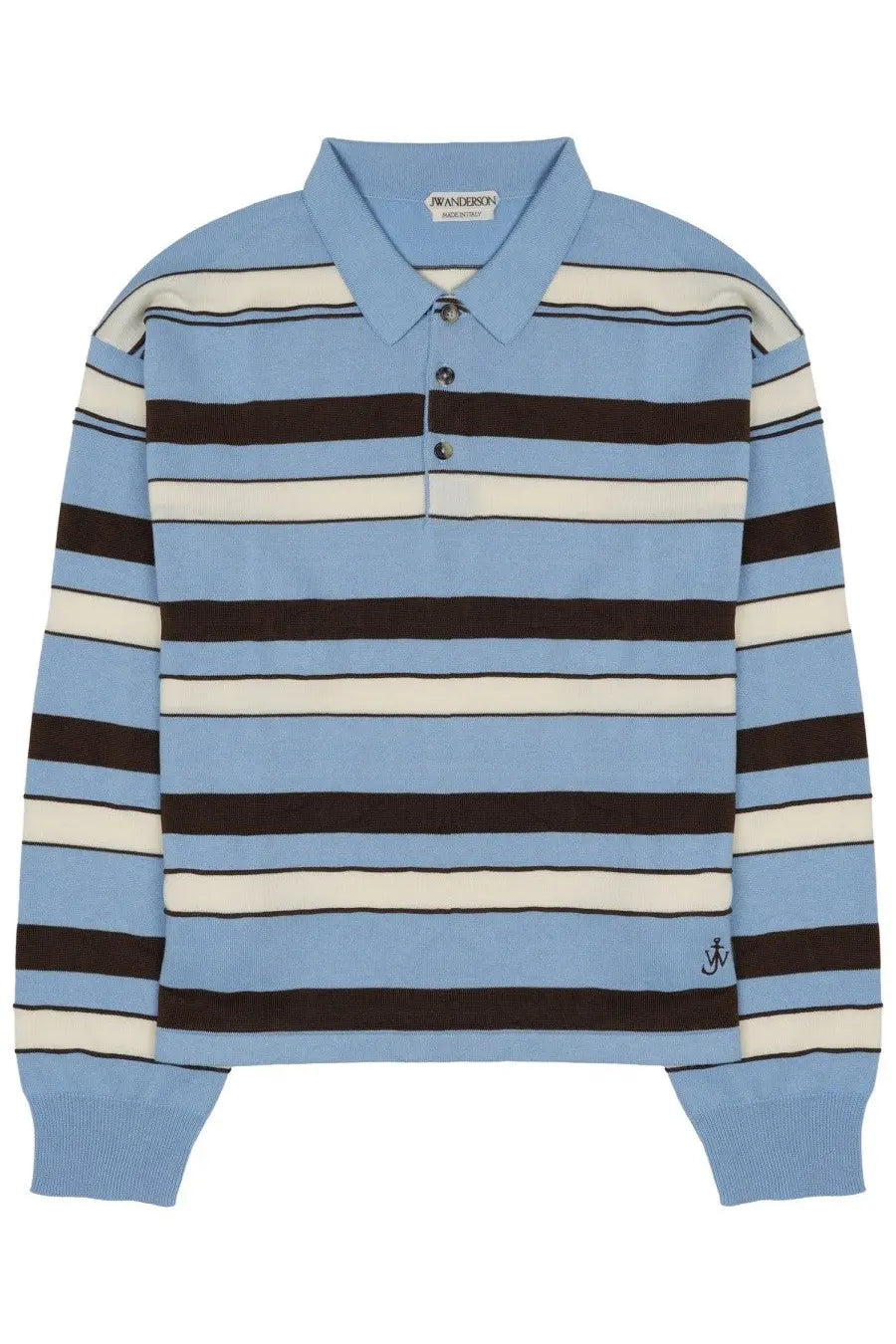 Jw anderson men’s long-sleeved polo rugby in cotton with light blue and dark brown stripes and cream accents