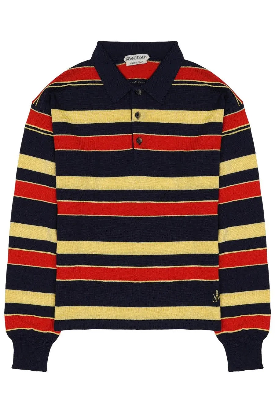 JW Anderson men’s polo rugby shirt in navy blue red and yellow striped cotton with long sleeves and classic collar