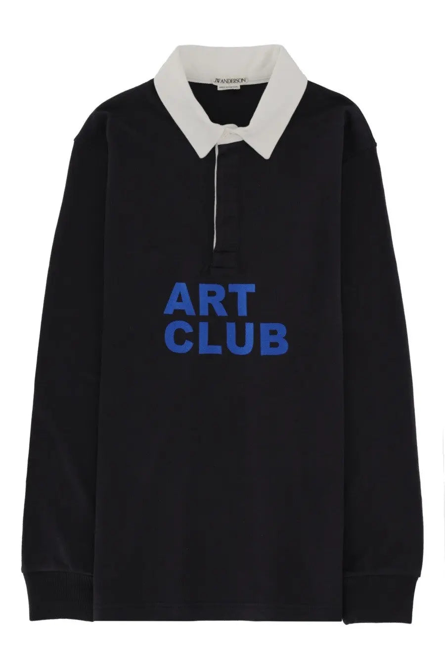 Jw anderson men’s black long-sleeved rugby shirt with white collar and blue art club lettering on chest