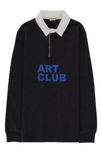 Jw anderson men’s black long-sleeved rugby shirt with white collar and blue art club lettering on chest