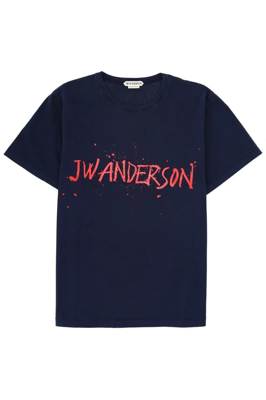 Navy blue cotton jw anderson men’s shirt with bold red splattered logo across the chest