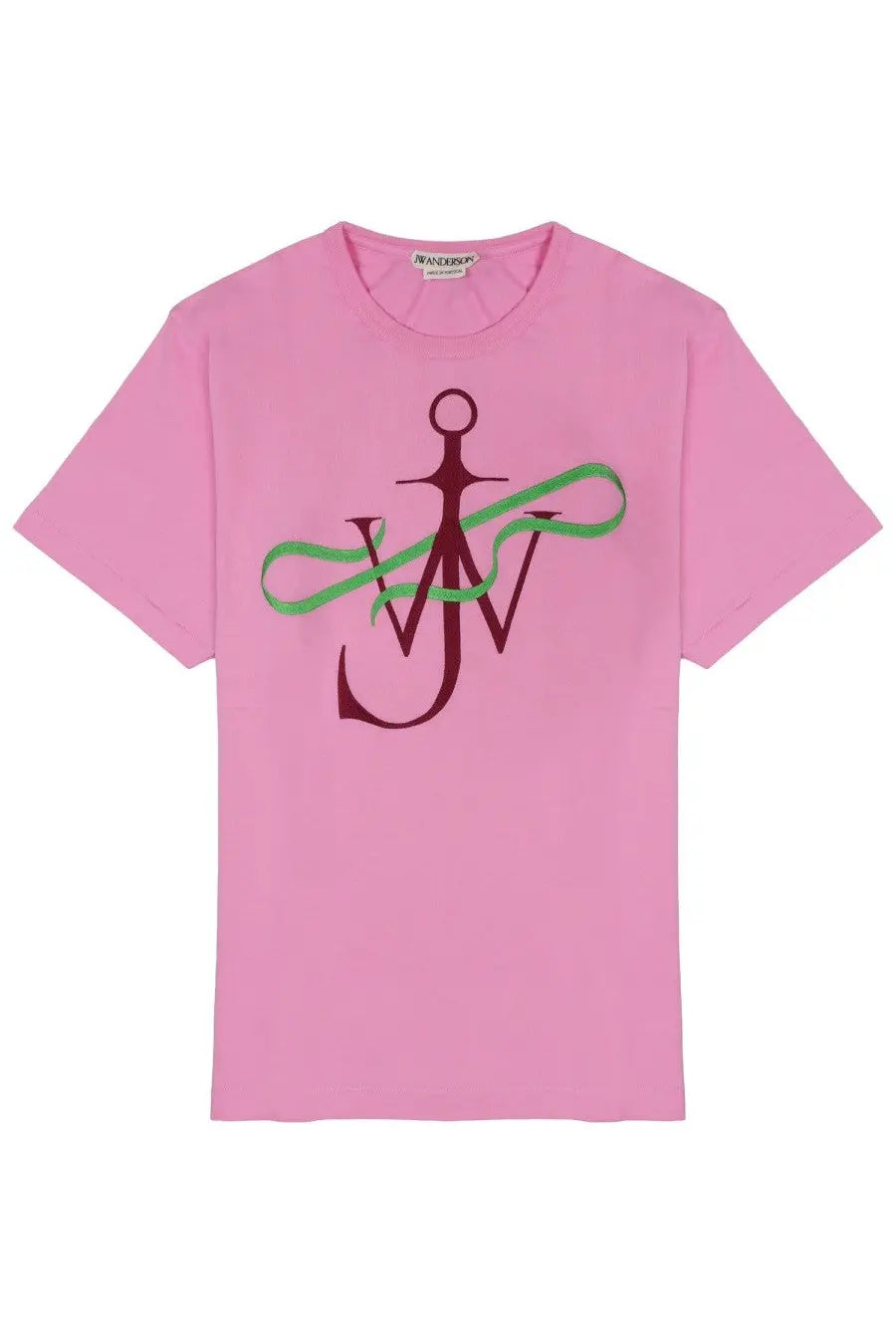 Jw anderson men’s pink short-sleeved t-shirt with maroon anchor logo green ribbon accents and letters w and v