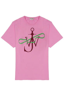 Jw anderson men’s pink short-sleeved t-shirt with maroon anchor logo green ribbon accents and letters w and v