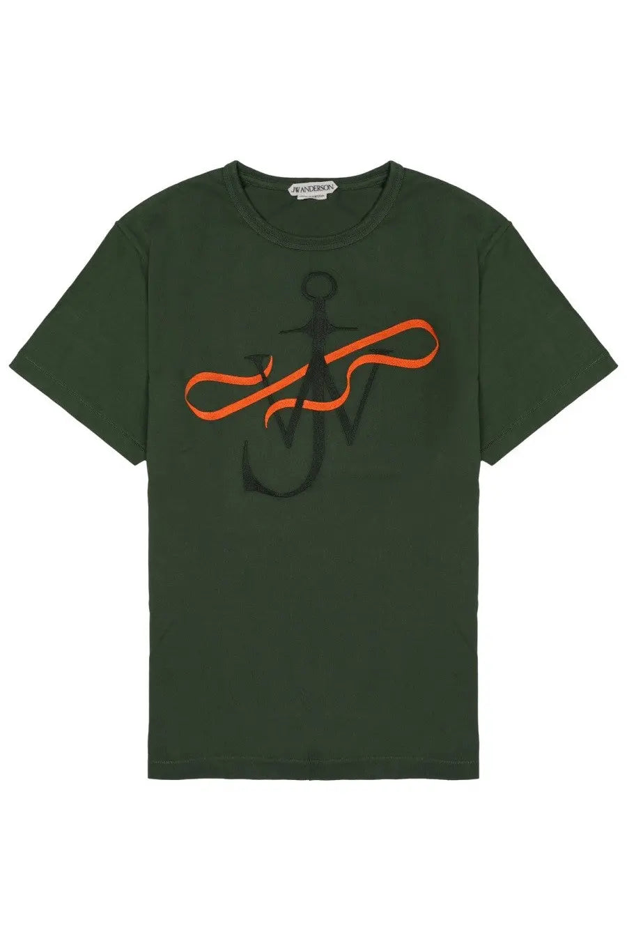 Jw anderson men’s dark green short-sleeved shirt with bold black anchor and orange ribbon graphic on front