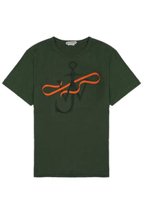 Jw anderson men’s dark green short-sleeved shirt with bold black anchor and orange ribbon graphic on front