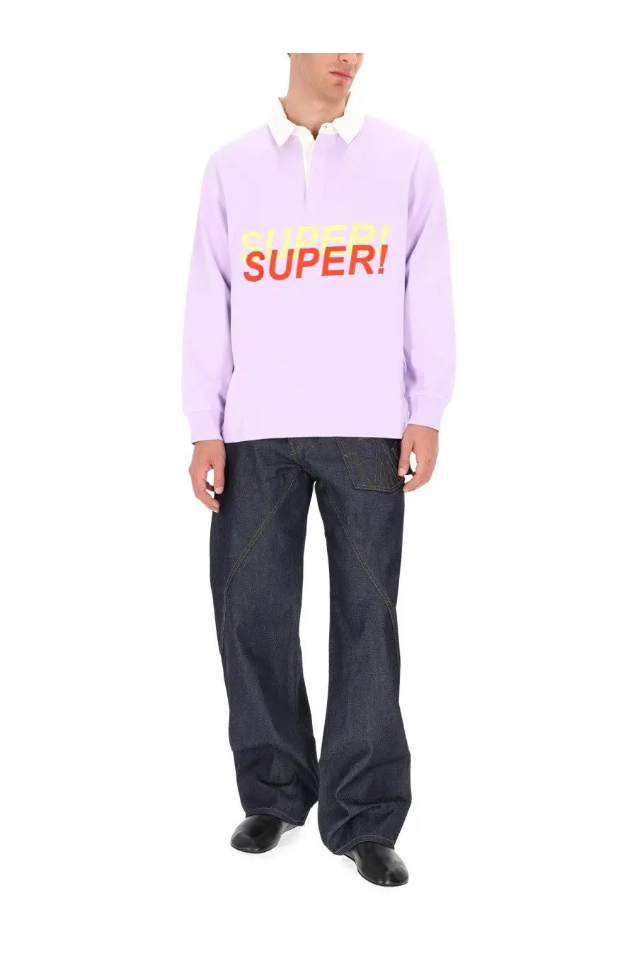 Lavender jw anderson men’s long-sleeved polo shirt with bold yellow and red super graphic on the chest