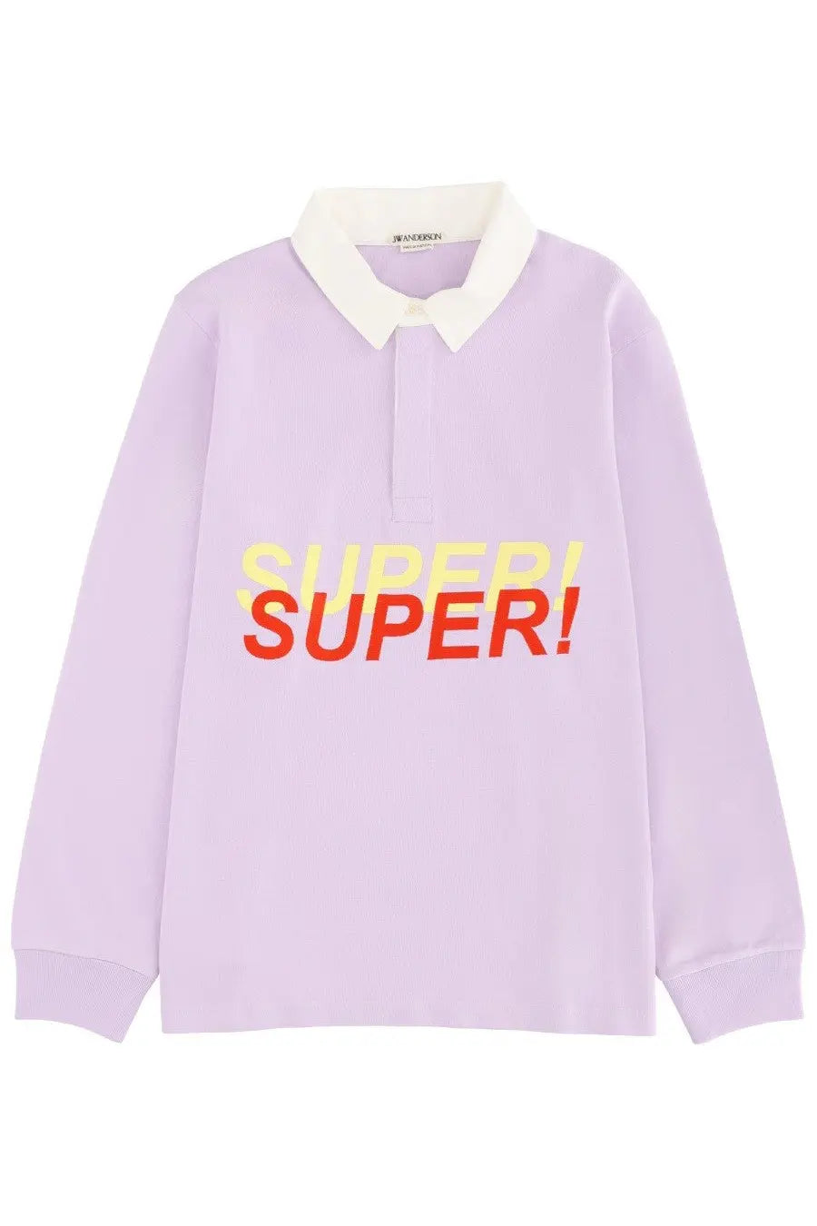 Lavender long-sleeved polo shirt by JW Anderson featuring a white collar and bold yellow-red super graphic