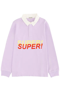 Lavender long-sleeved polo shirt by JW Anderson featuring a white collar and bold yellow-red super graphic