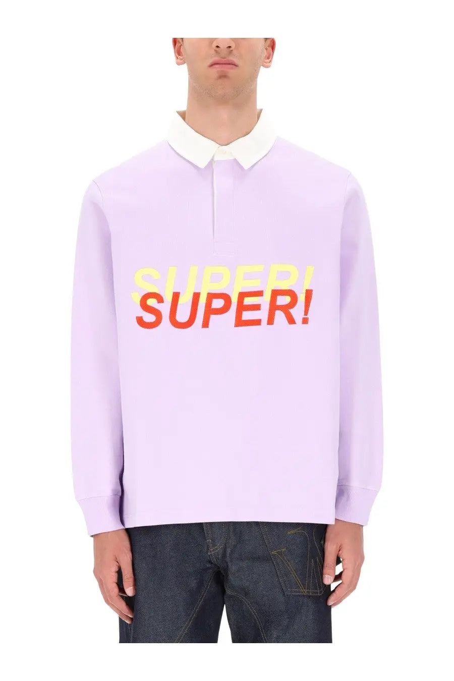 Lavender long-sleeved JW Anderson men’s polo shirt with white collar and bold yellow orange super super graphic