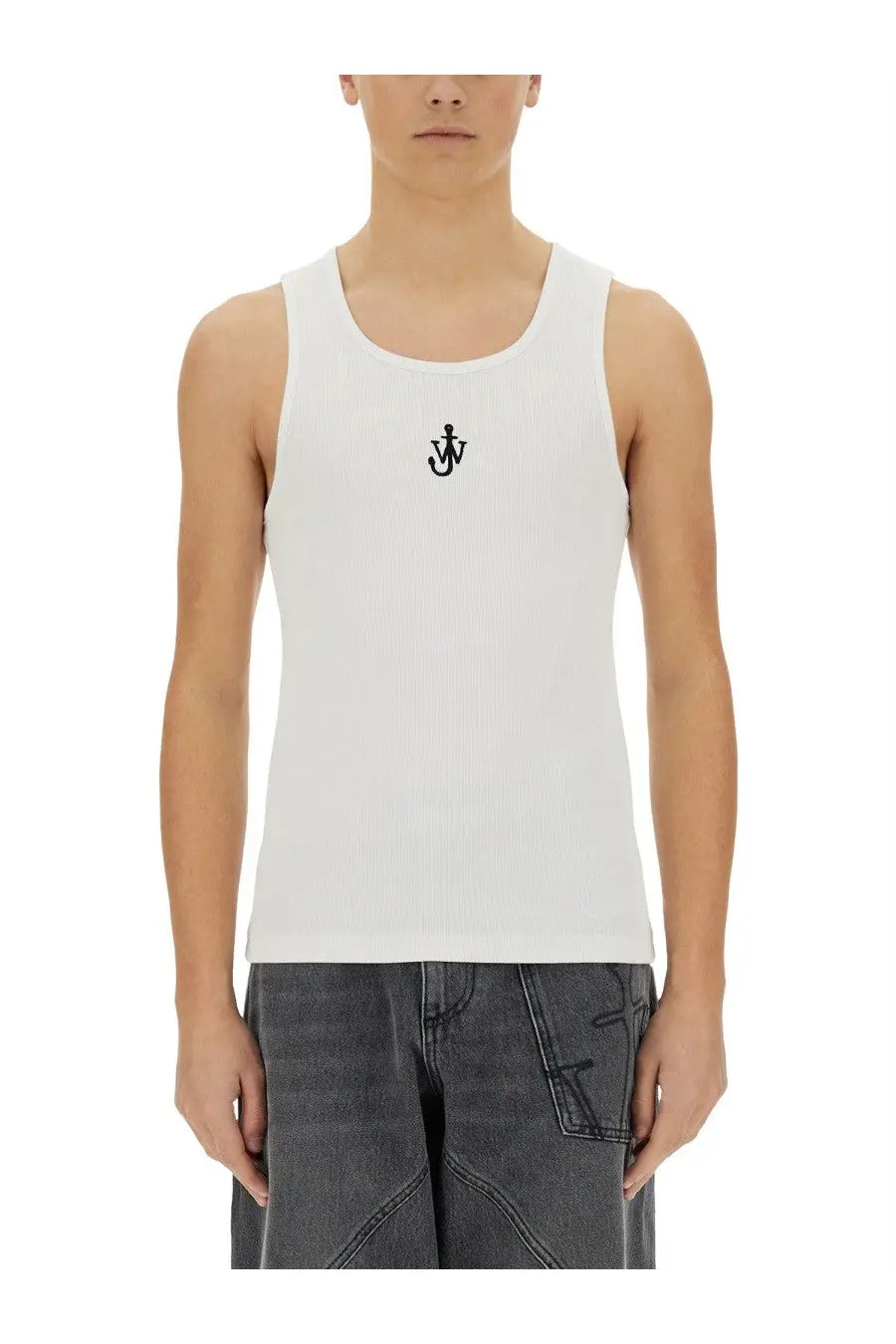 Jw anderson men’s white cotton tank top with small black anchor logo on the chest