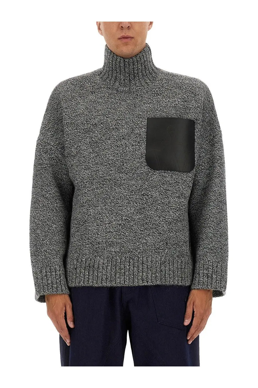 Jw anderson men’s gray turtleneck shirt in knit with textured fabric and contrasting black patch pocket
