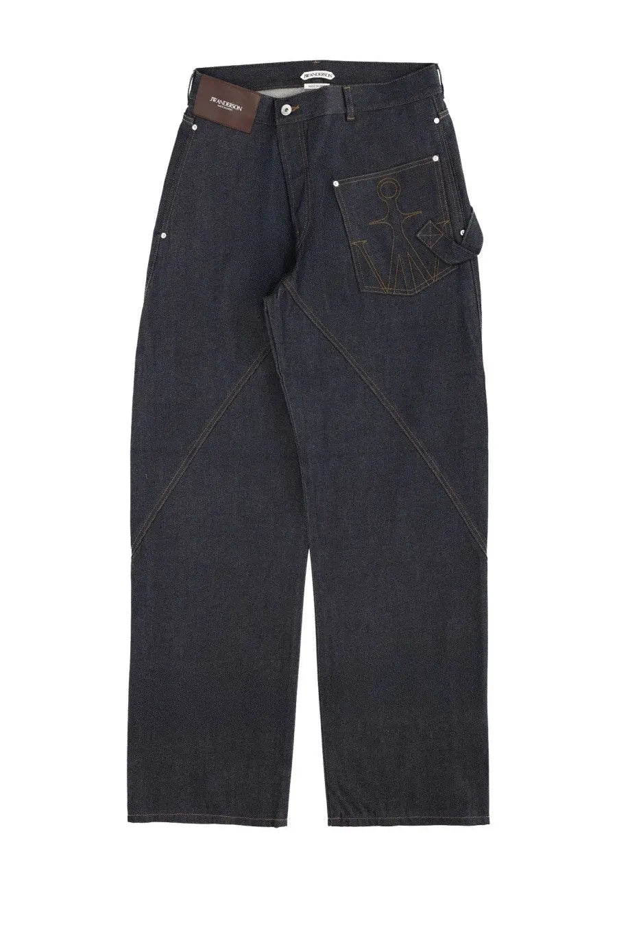 Back side of jw anderson men’s twisted workwear dark indigo denim jeans with geometric anchor embroidery and contrasting stitching