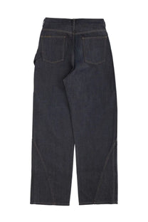 Jw anderson men’s twisted workwear jeans in dark indigo denim with relaxed wide-leg cut and diagonal seam detailing