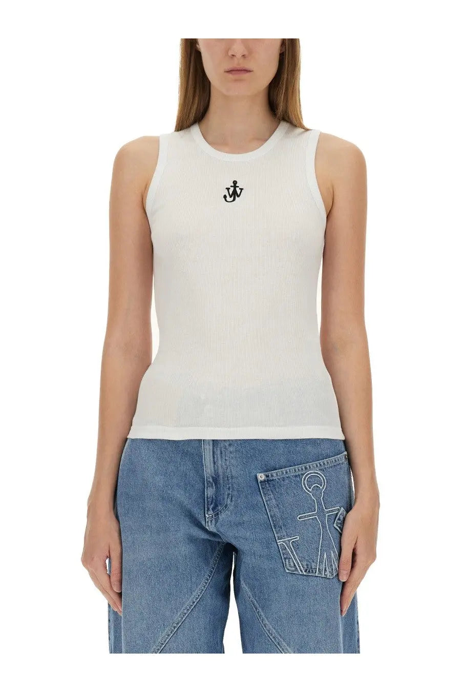 White ribbed sleeveless tank top with black anchor logo embroidered on chest by JW Anderson for women