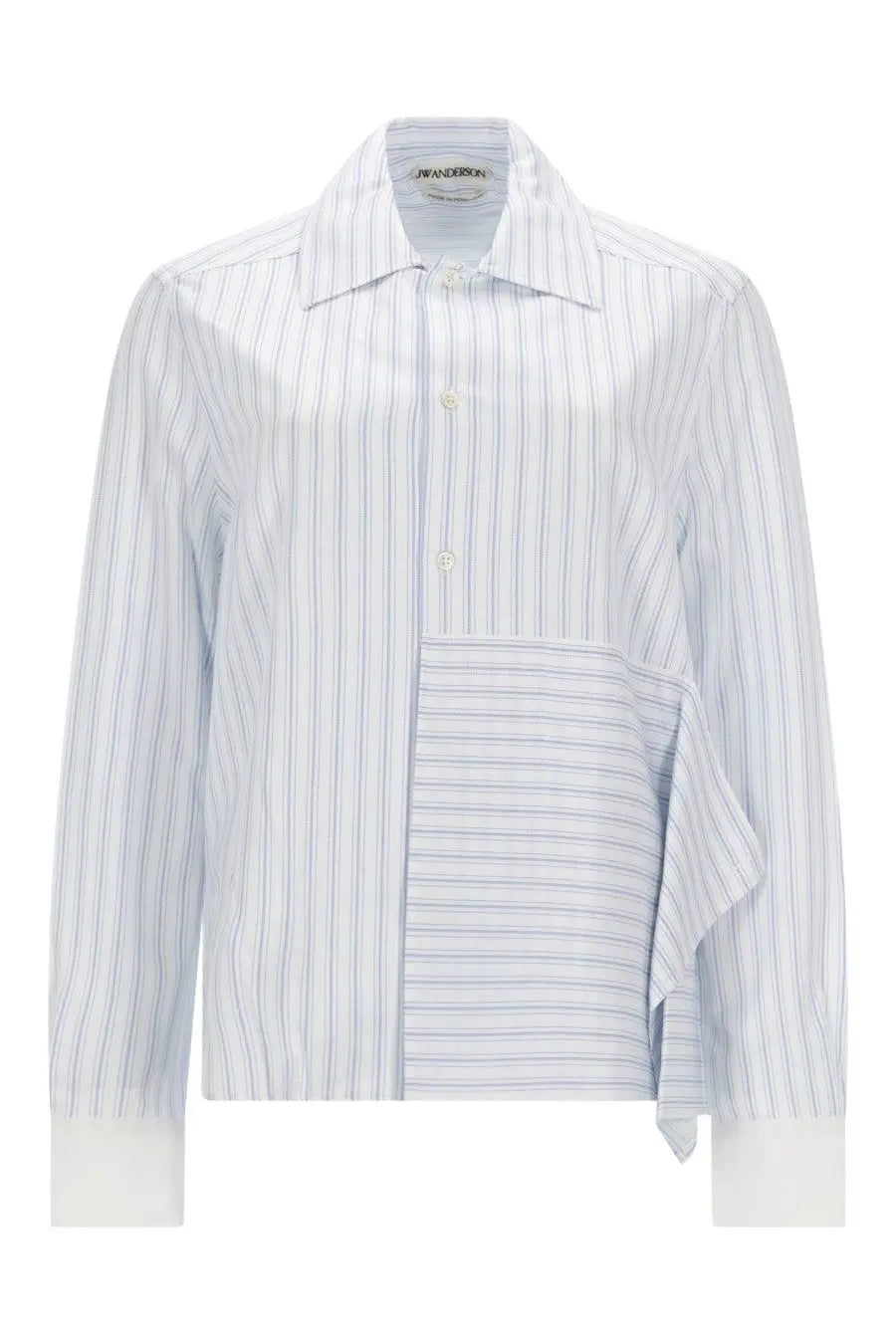 Jw anderson women’s light blue and white striped button-down shirt with ruffled asymmetrical hem and Prada collar label