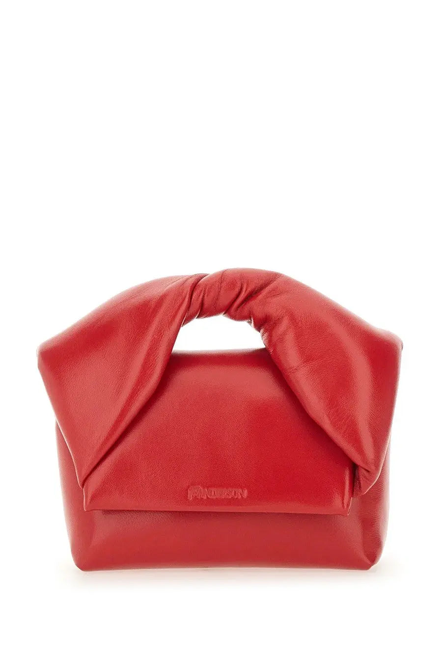 A vibrant red glossy leather jw anderson women’s bag twister small with a distinctive twisted handle and minimalist branding