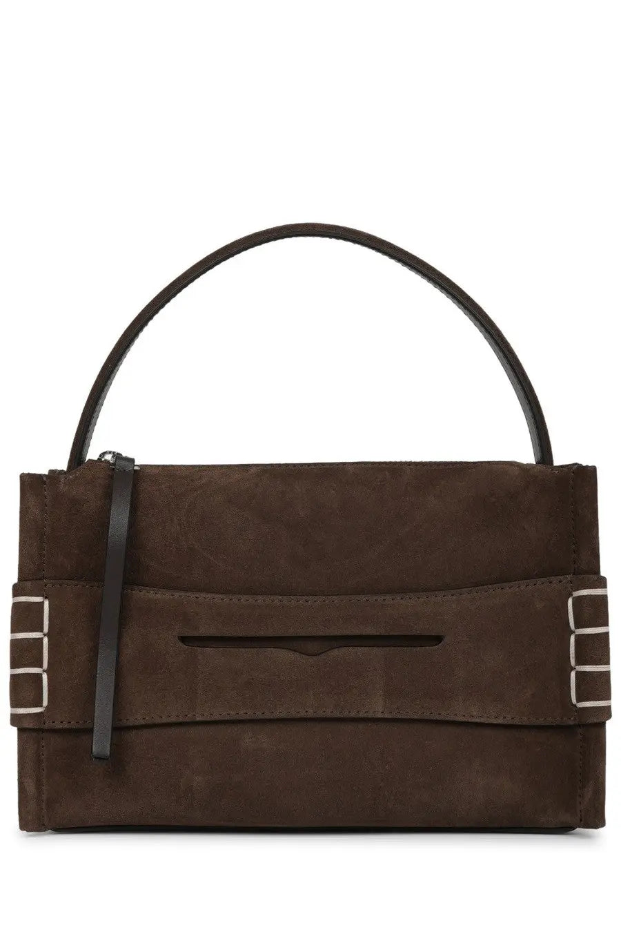 Jw anderson women’s borsa loafer small brown suede handbag with black leather handle and silver buckle accents