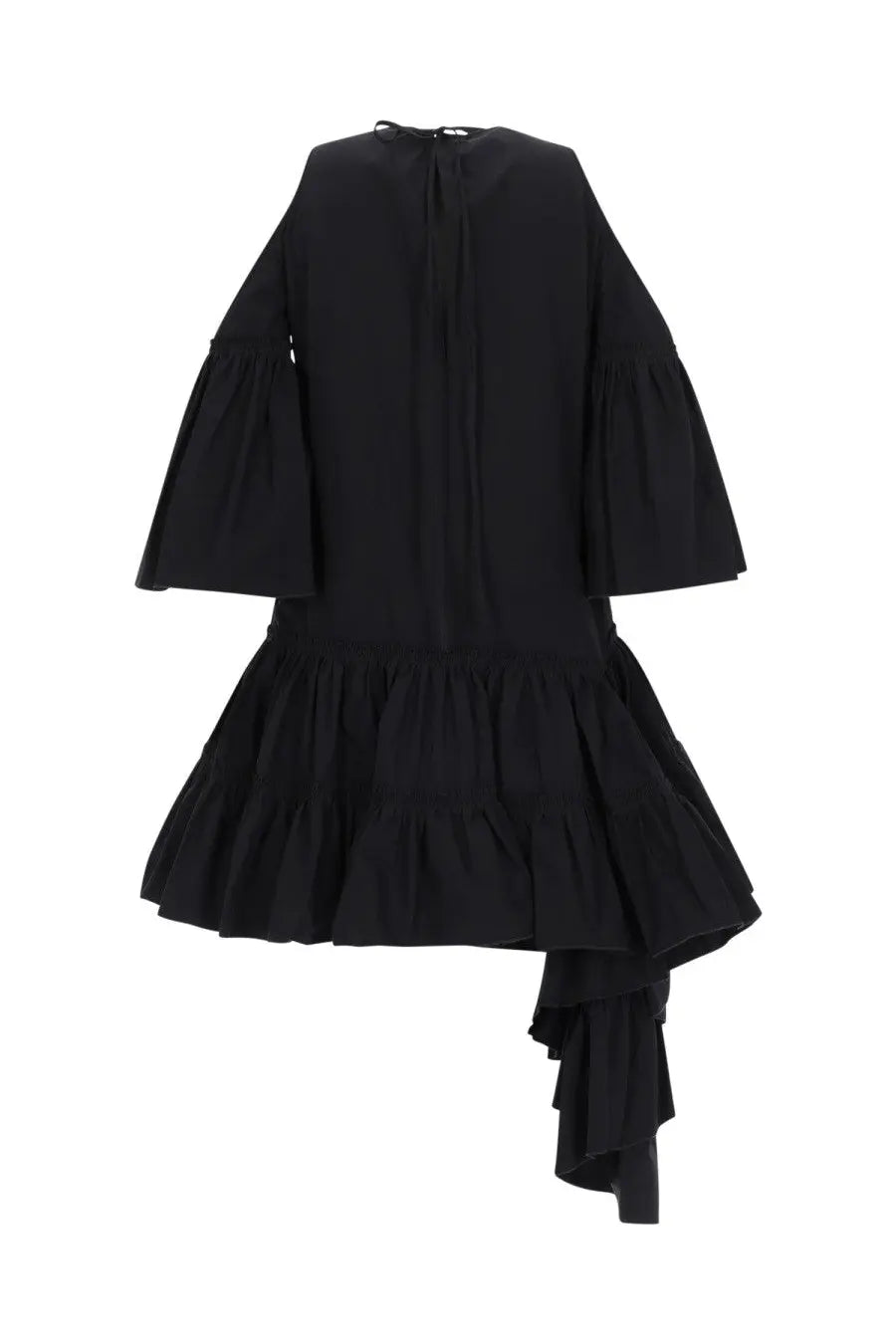 Jw Anderson women’s black off-the-shoulder mini dress with tiered ruffles and asymmetrical hem in lightweight fabric