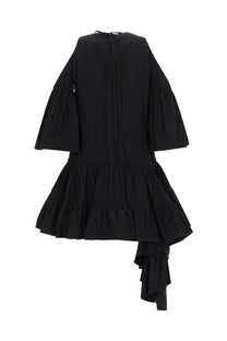 Jw Anderson women’s black off-the-shoulder mini dress with tiered ruffles and asymmetrical hem in lightweight fabric