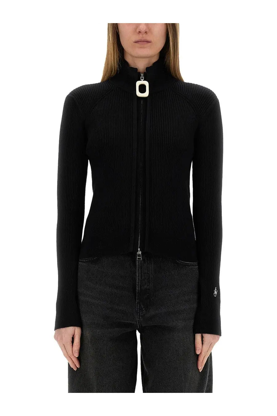 Jw anderson women’s fitted cardigan black ribbed knit zip-up sweater with white square zipper pull