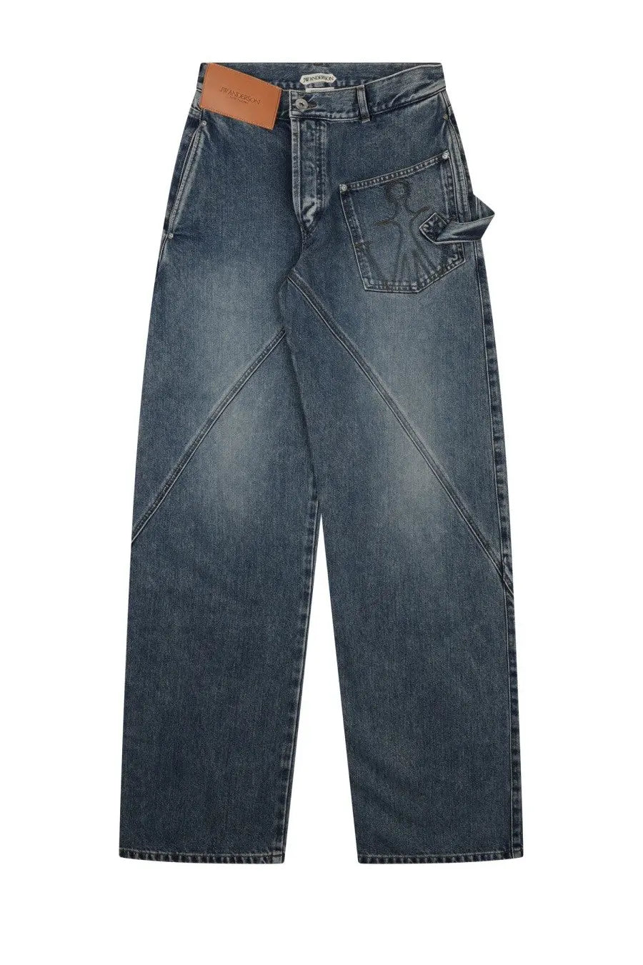 Back side of jw anderson women’s dark blue denim jeans with faded wash diagonal stitching and graphic on back pocket