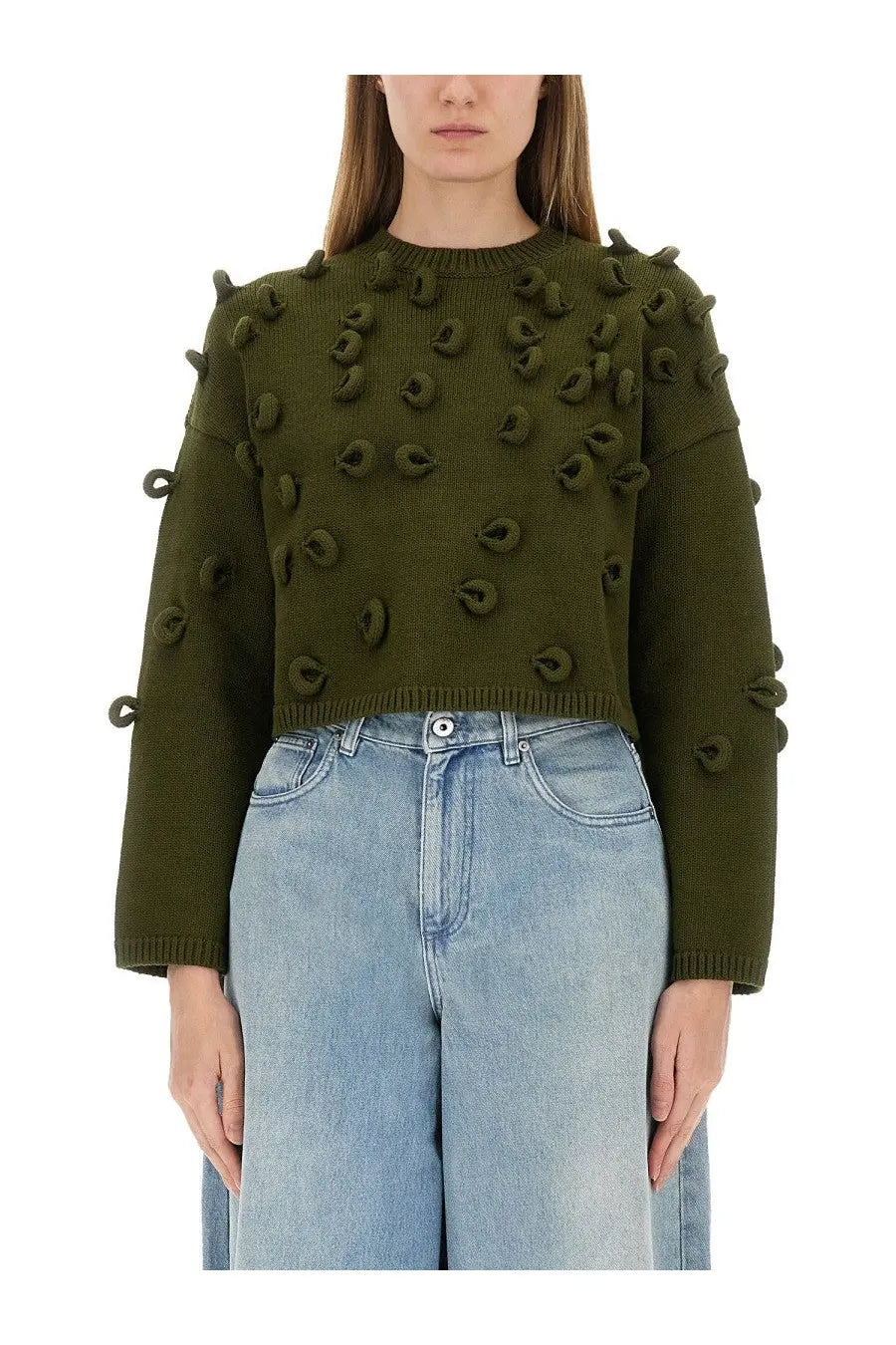 Jw anderson women’s olive green cropped knit sweater with textured 3d circular embellishments on shoulders and sleeves