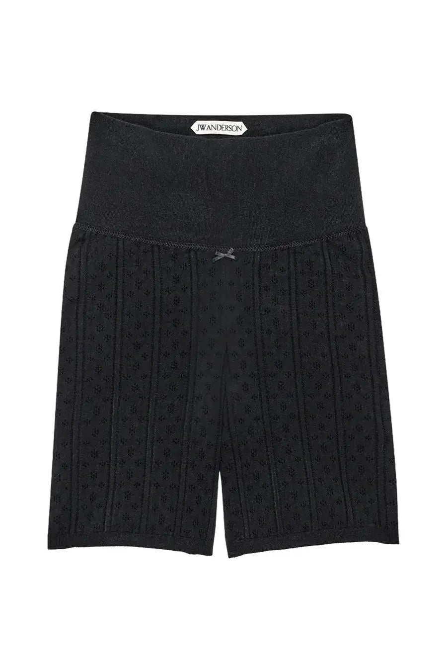 Jw anderson women’s perforated knit shorts in black with high waistband subtle vertical ribbing and front embroidered logo