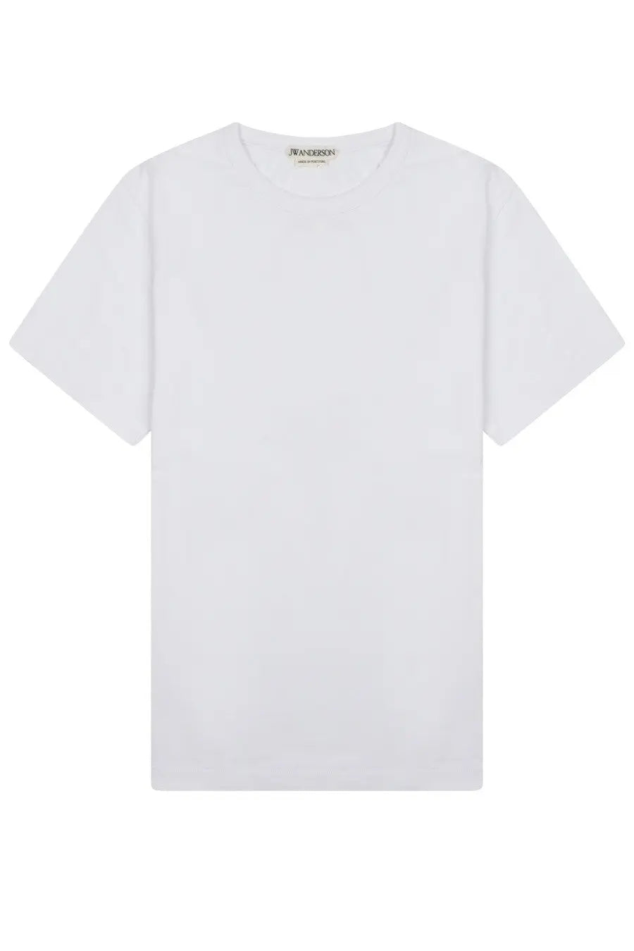 Jw anderson women’s white minimalist short-sleeved cotton t-shirt with crew neck and subtle brand tag at collar