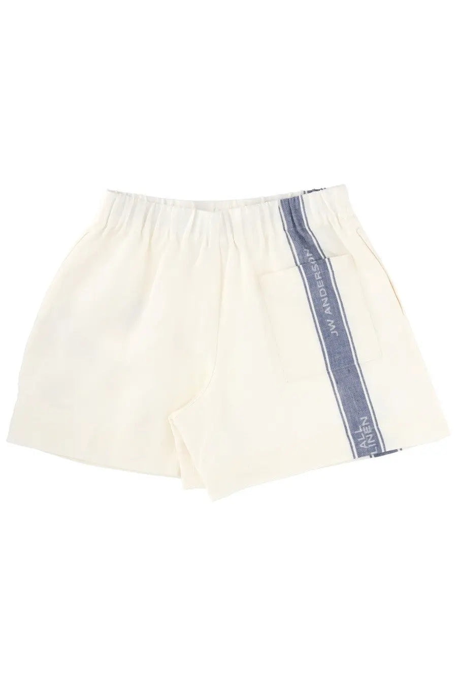 Jw anderson women’s cream-colored shorts with blue vertical stripe and anderso brand name along side seam