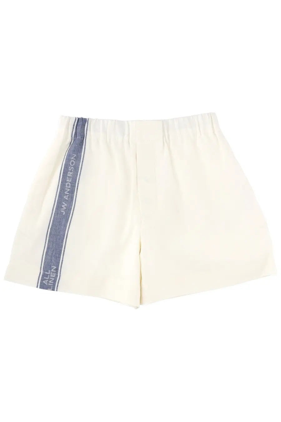 Jw anderson women’s cream elastic waist shorts with navy vertical stripe and white logo detailing