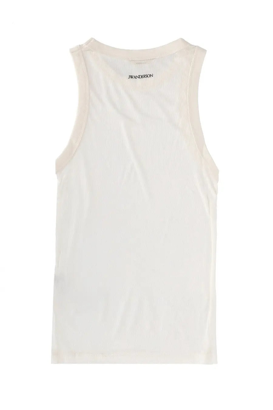 Cream-colored ribbed JW Anderson women’s tank top with black embroidered logo at the neckline