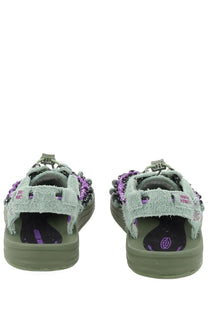 Keen men’s sandalo uneek lea green light green distressed canvas sandals with purple and black beaded detailing