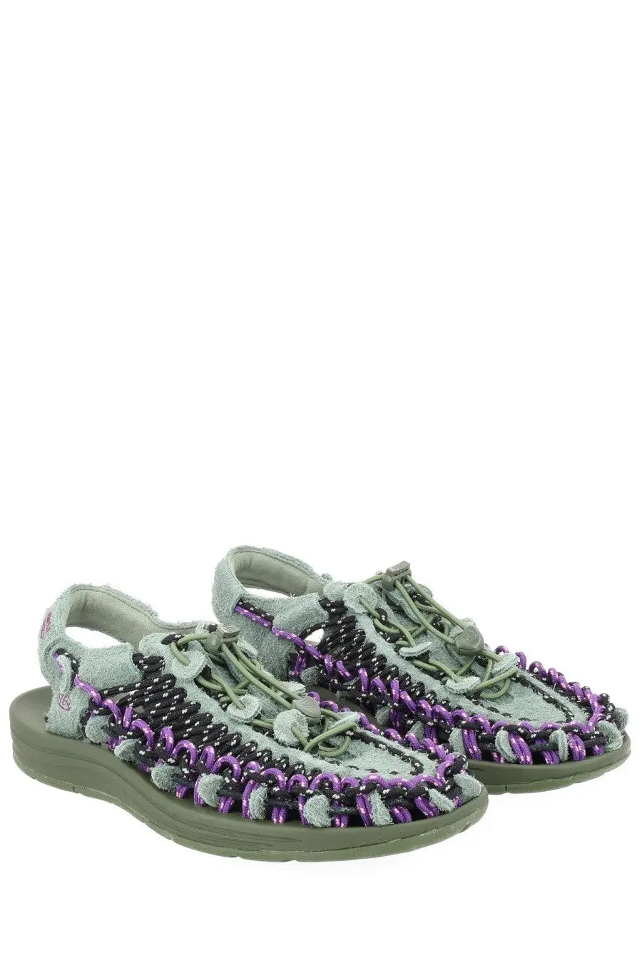 Keen men’s Sandalo Uneek Lea Green light gray and purple macramé sandals with woven beaded design