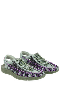 Keen men’s Sandalo Uneek Lea Green light gray and purple macramé sandals with woven beaded design