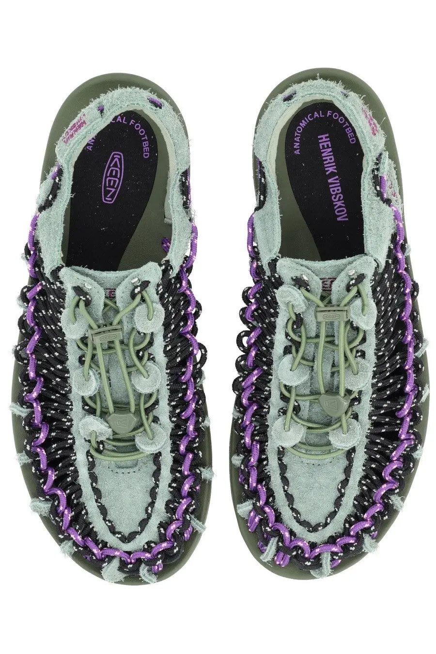 Keen men’s sandalo uneek lea green olive green and purple beaded moccasin slip-on shoes with a woven design