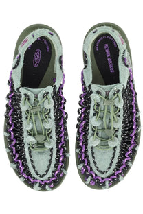 Keen men’s sandalo uneek lea green olive green and purple beaded moccasin slip-on shoes with a woven design