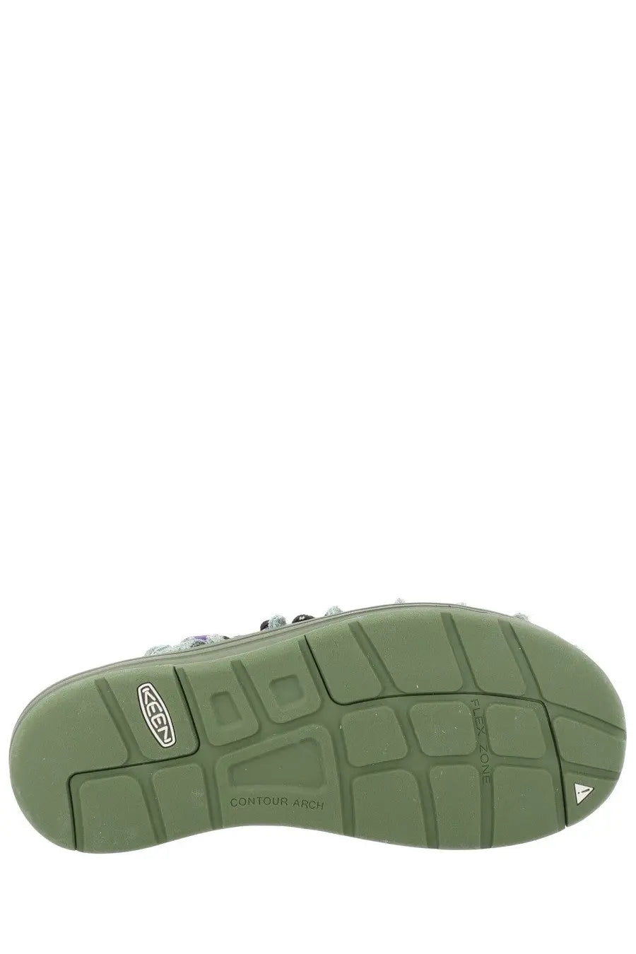 Olive green rubber sole of keen men’s sandalo uneek lea green sandal with contour arch design and keen branding